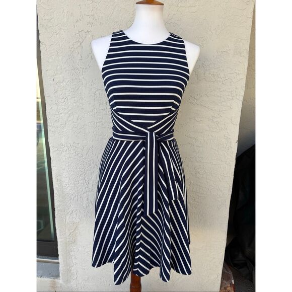 Anthropologie X Hutch Kinsley Blue/White Striped Cutout chevron Dress XS tie - Picture 3 of 13